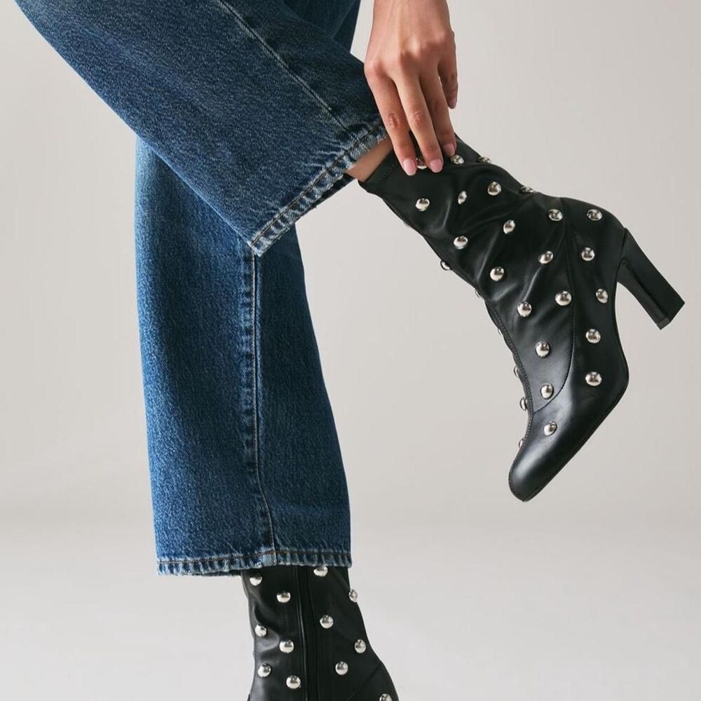 Maeve Anthropologie Black Studded Stretch Ankle Boots Size 37 New in Box